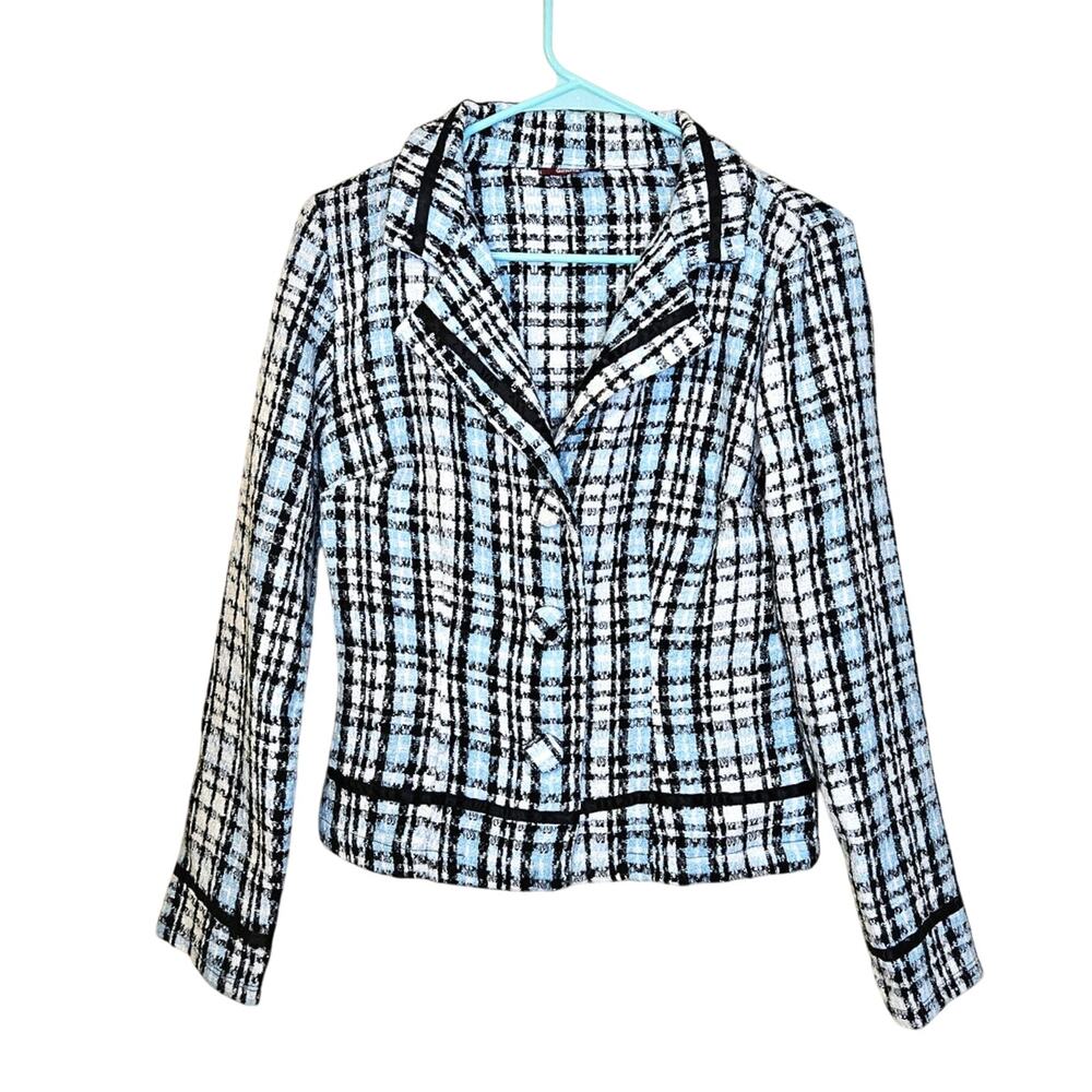 Ginger G. Size Small S Blue Blazer Tweed Black Big Button Coquette Business